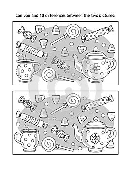 Halloween candy and tea find the differences picture puzzle and coloring page photo